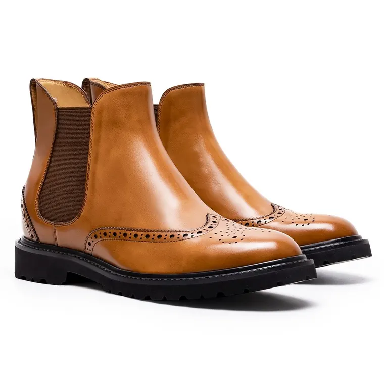 Men's Height Increasing Boots - Brown Leather Brogue Chelsea Boots 7CM / 2.76 Inches