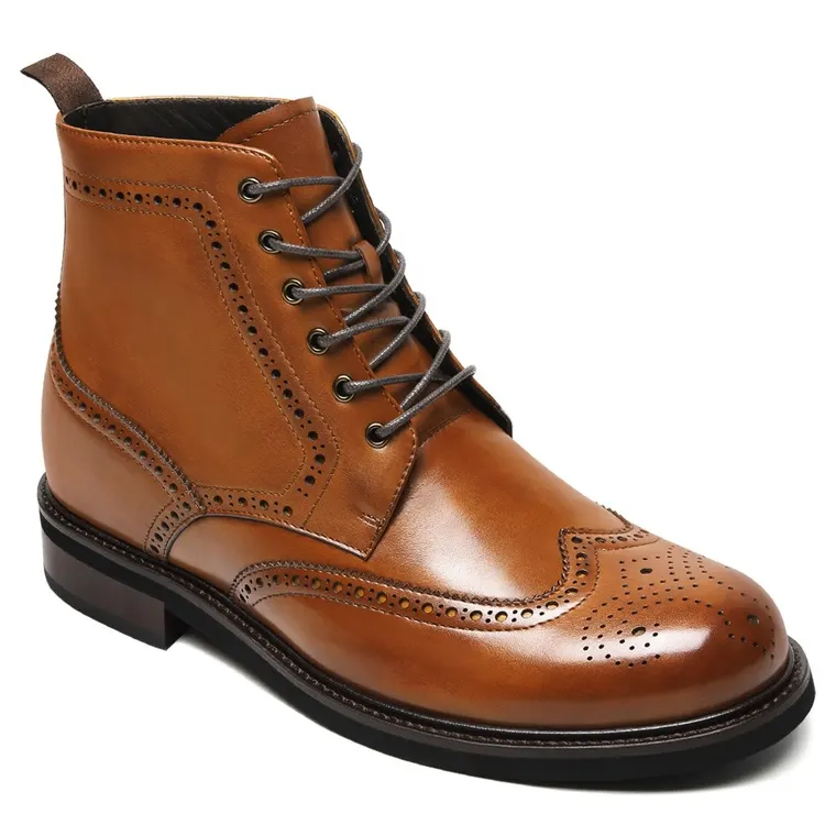 Men's Dress Boots With High Heels - Brown Antiqued Leather Brogue Boots 8CM / 3.15 Inches