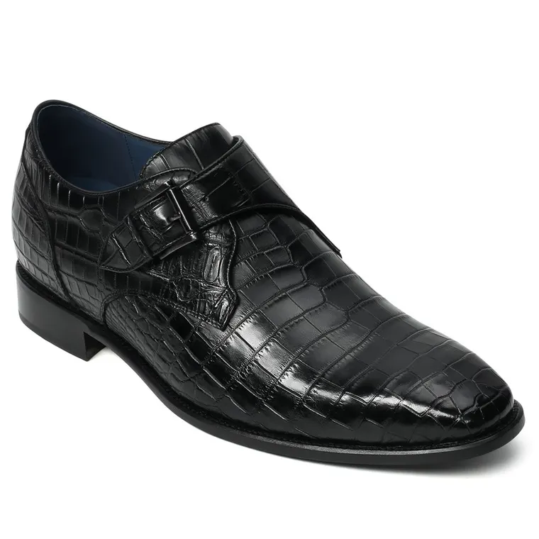 Height Increasing Shoes for Men - Black Crocodile Monk Strap Shoes to get taller 6 CM / 2.36 Inches
