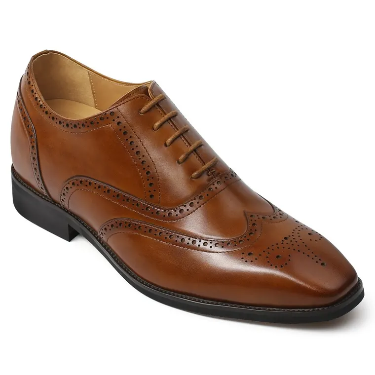 Men's Elevator Dress Shoes - Brown Leather Wingtip Oxford Shoes 6CM | 2.36 Inches