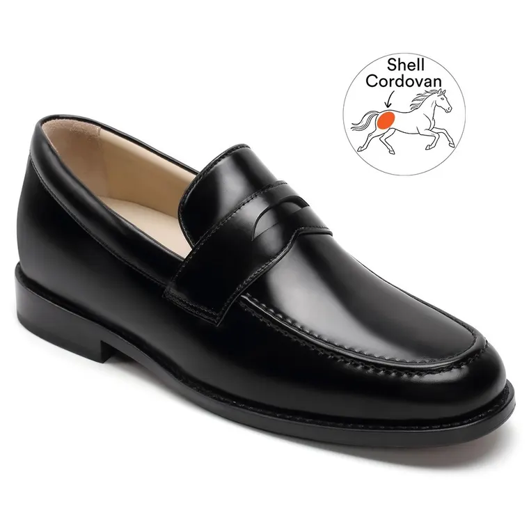 Height Increasing Loafer Shoes - Black Shell Cordovan Penny Loafers 6 CM / 2.36 Inches