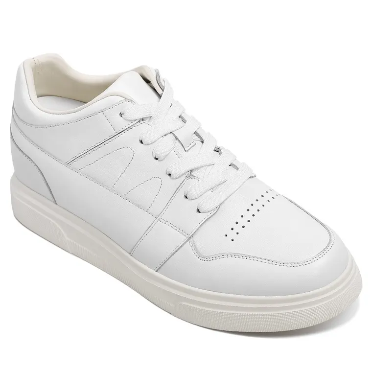 Casual Elevator Shoes For Men - White Leather Height Increasing Sneaker 8CM / 3.15 Inches