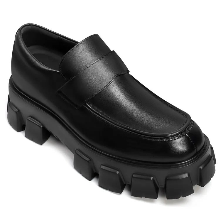 Black Calfskin Men's Loafer Shoes that Make you Taller 2.76 Inches / 7 CM