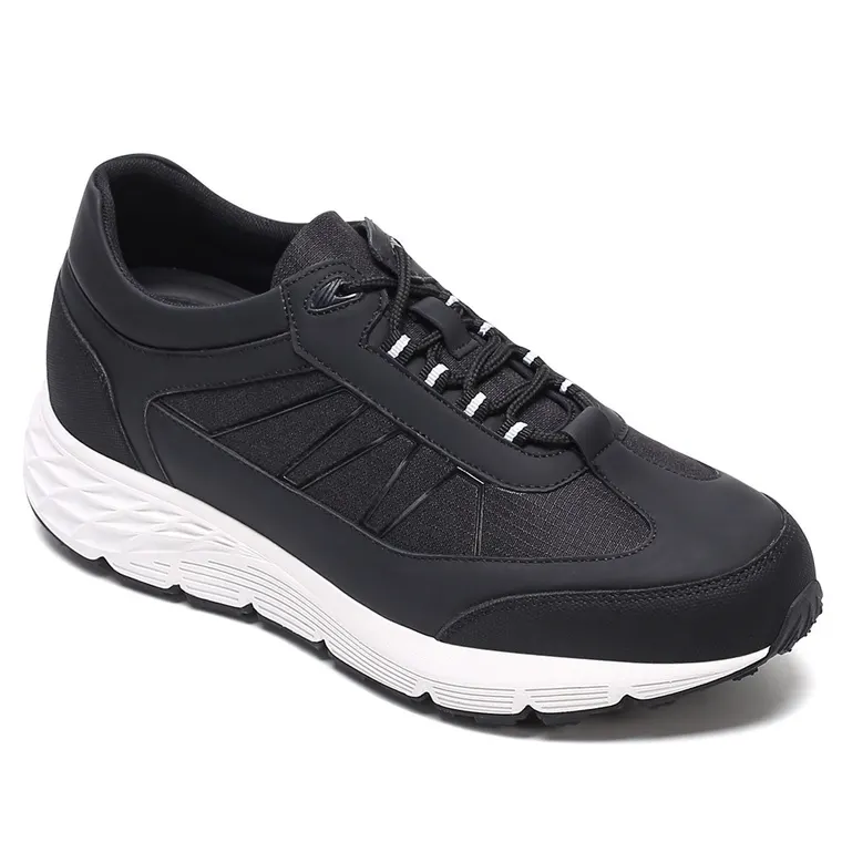 Height Increasing Shoes For Men - Black Leather &amp; Cloth Sports Shoes 8CM / 3.15 Inches