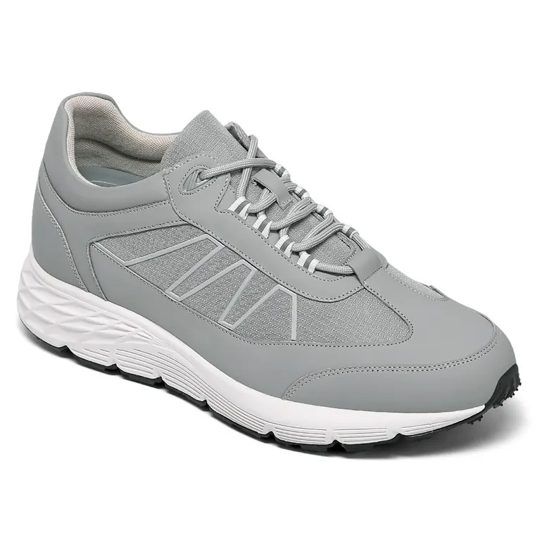 Men's Invisible Height Increase Shoes - Gray Leather Casual Elevator Sneakers 8CM / 3.15 Inches