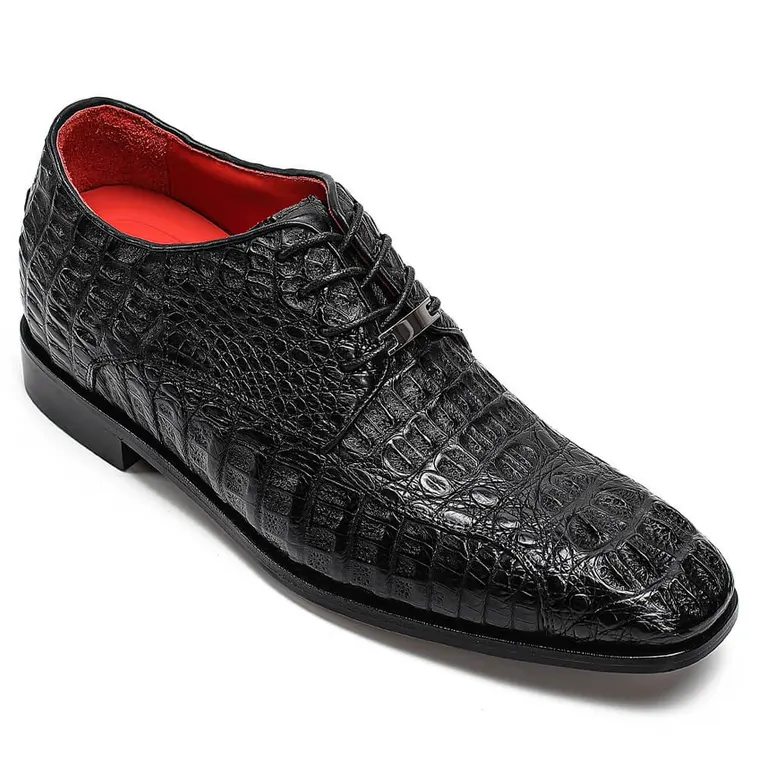 High heel Men Dress Shoes - Handcrafted Black Exotic Crocodile Derby Shoes 2.76 Inches / 7CM