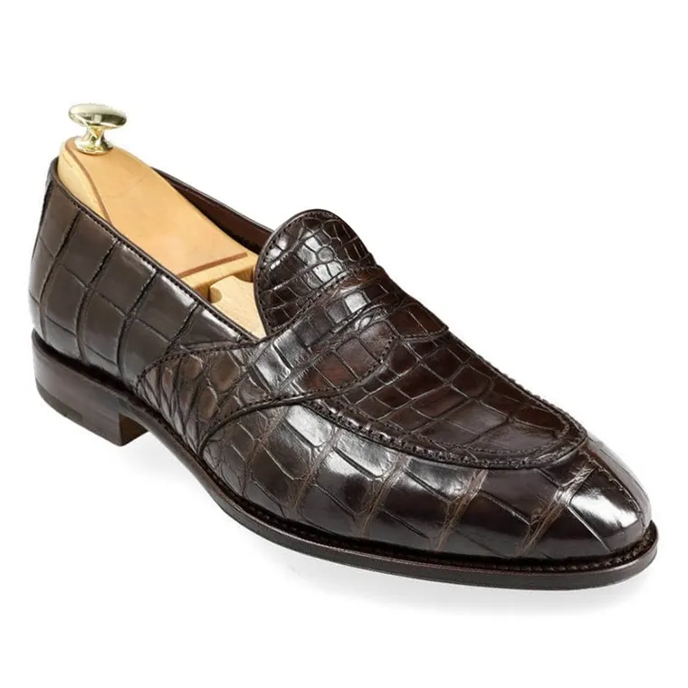 Height Increase Shoes for Men - Handcrafted Brown Alligator Full Strap Penny Loafers 6 CM / 2.36 Inches