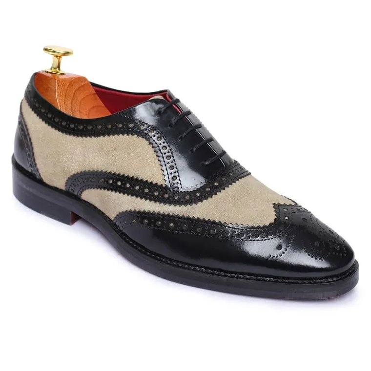 height increasing dress shoes - shoes with raised heel - black and suede wingtip brogue handcrafted oxfords 7 CM / 2.76 Inches