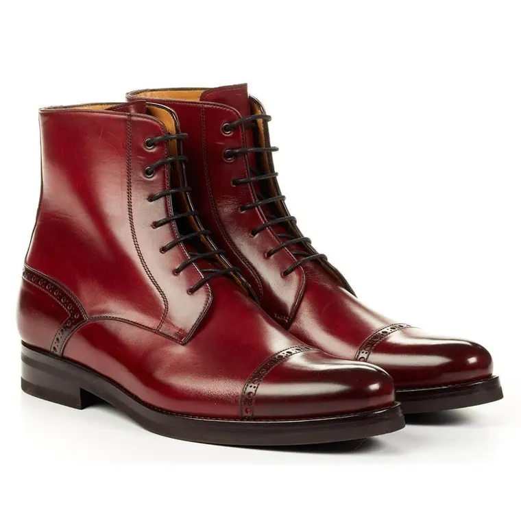 High Heel Boots for Men - Wine Red Leather Height Increasing Lace-Up Boots for Men 7 CM / 2.76 Inches
