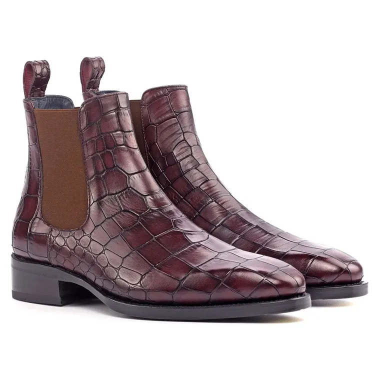 Men's Height Boosting Boots | Burgundy Crocodile Chelsea Boots 7 CM / 2.76 Inches