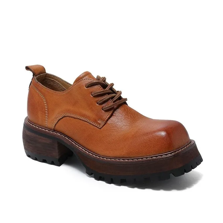 Elevator Shoes For Women - Brown Leather Square Toe Derby Shoes 7CM / 2.76 Inches