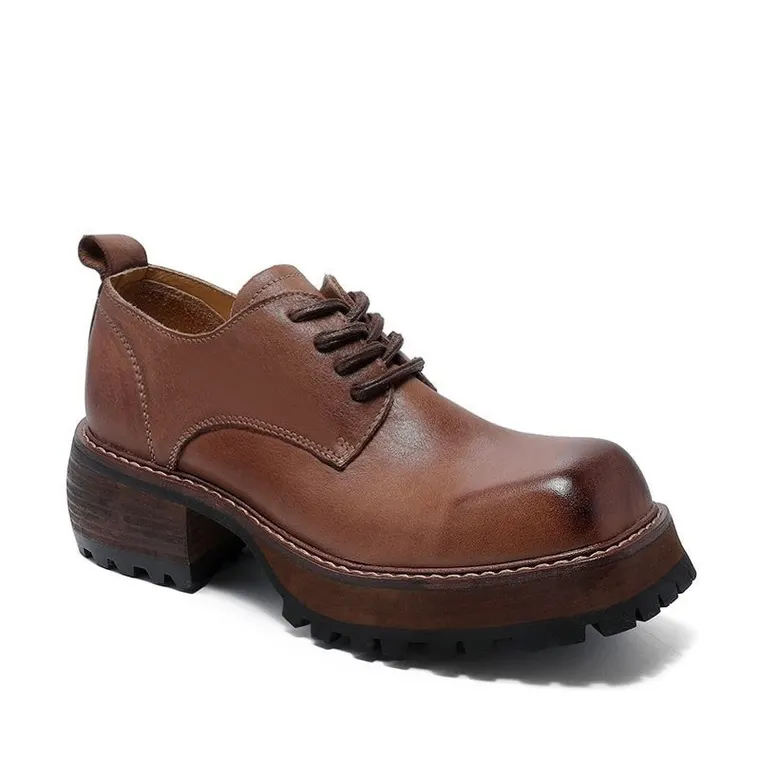 Women's Height Increasing Formal Shoes - Coffee Leather Derby Shoes 7CM / 2.76 Inches