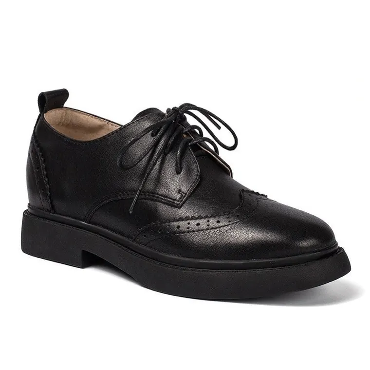 Women's Height Increasing Shoes - Black Leather Wingtip Derby Shoes 7CM / 2.76 Inches