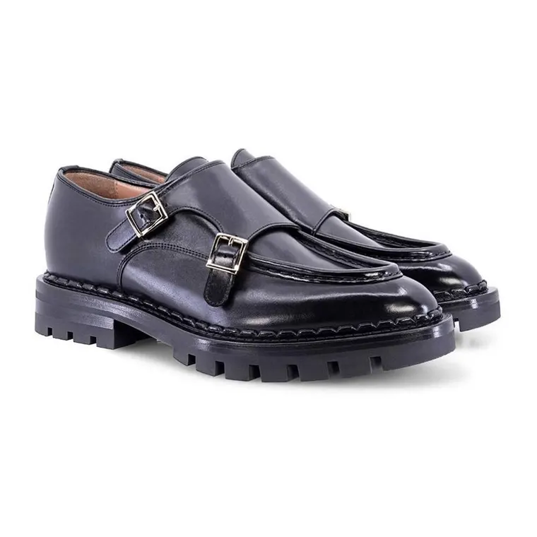 5 CM / 1.95 Inches black hand-antiqued women's elevator leather double-buckle with hiddeng heel shoes