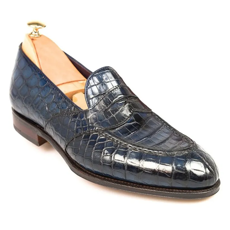 Height Increasing Shoes for Men - Handcrafted Navy Alligator Full Strap Penny Loafers 6 CM / 2.36 Inches