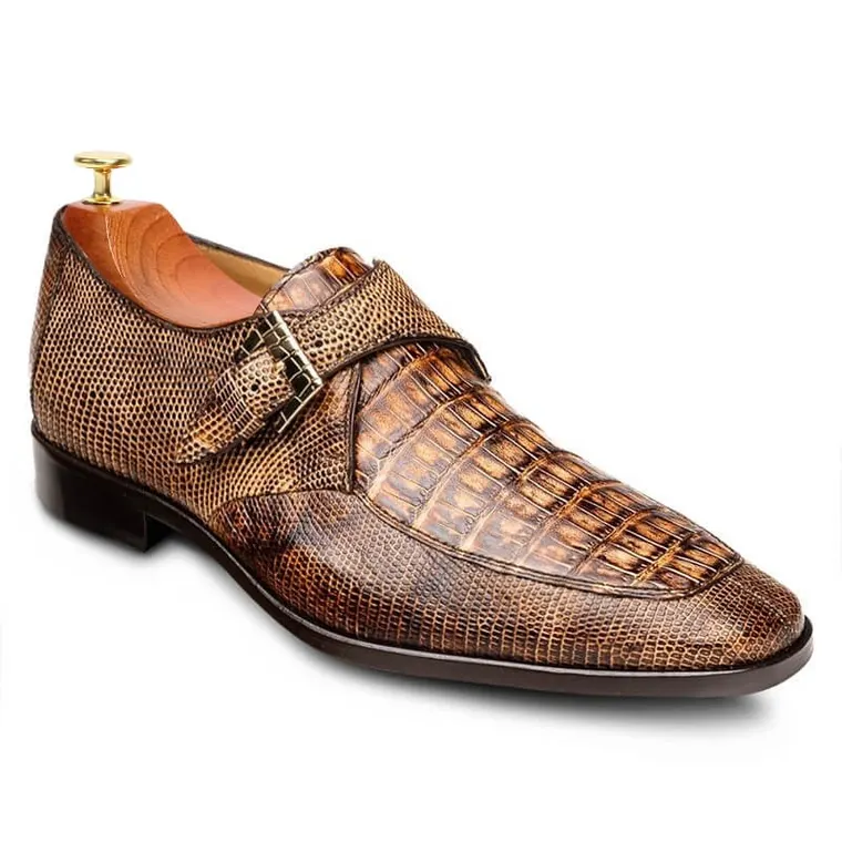 Height Increasing Slip on Shoes - Camel Lizard &amp; Crocodile Monk-Strap Loafers 6CM / 2.36 Inches
