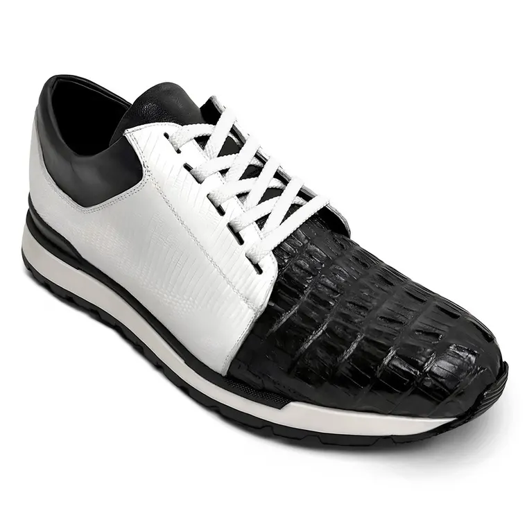 Black &amp; White Exotic Crocodile / Lizard / Calf Leather Casual Elevator Sneakers 2.76 Inches / 7CM