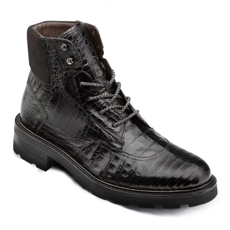 Height Iincreasing Boots for Men - Black Exotic Crocodile / Suede Leather Rugged Boots 2.76 Inches / 7CM