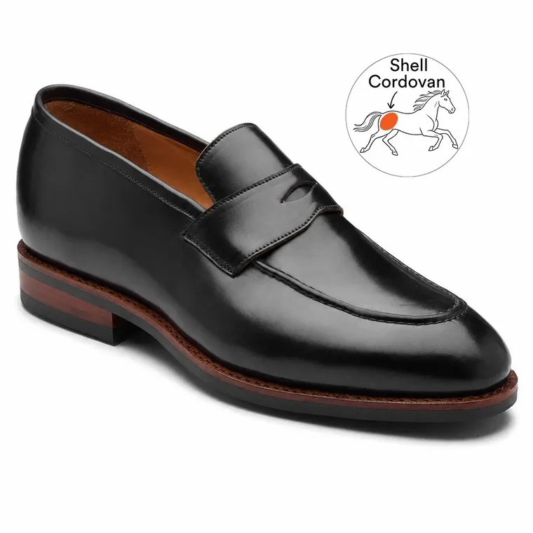 Mens Shoes With Height | Black Shell Cordovan Penny Loafer 5 CM / 1.95 Inches