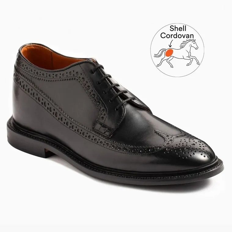 Elevator Shoes for Men | Black Shell Cordovan Full Brogue Shoes 7 CM / 2.76 Inches