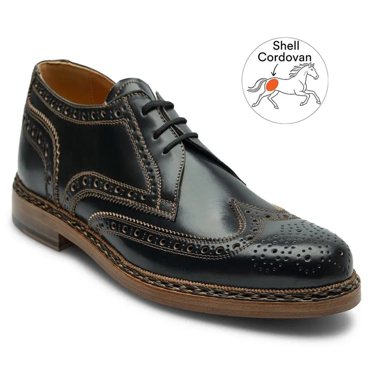 Height Increasing Shoes | Black Shell Cordovan Full Brogue Shoes 7 CM / 2.76 Inches