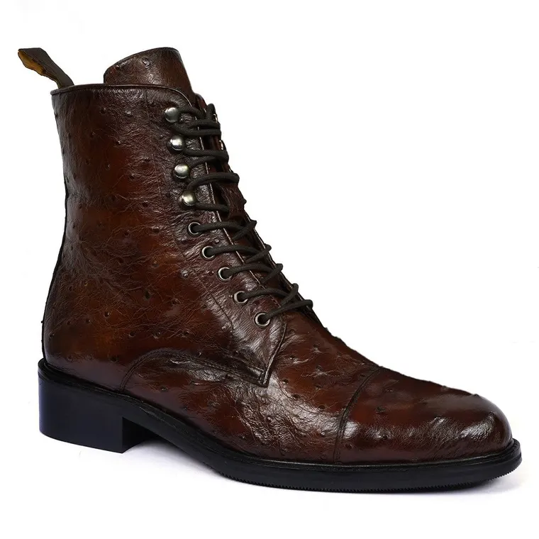 Mens Elevator Boots | Cognac Ostrich Leather Boots 7 CM / 2.76 Inches