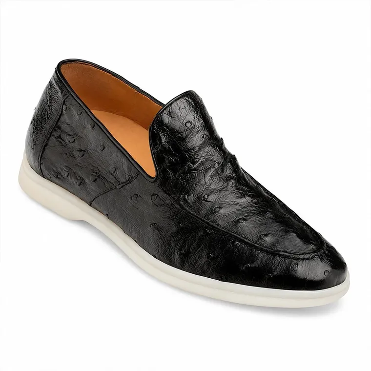 Shoes That Give Height For Men | Black Ostrich Leather Slip On Loafers 5 CM / 1.95 Inches