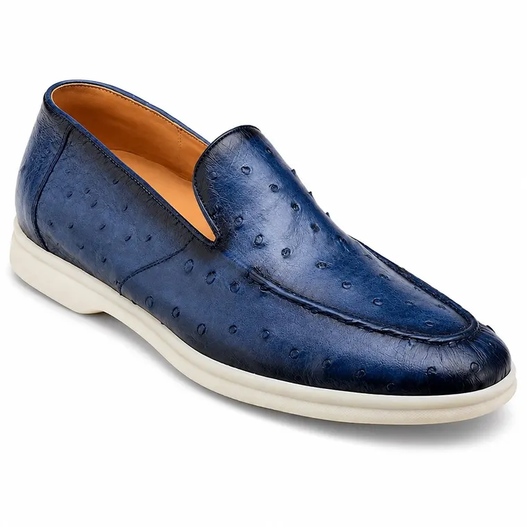 Heightening Shoes For Men | Blue Ostrich Leather Slip On Loafers 5 CM / 1.95 Inches
