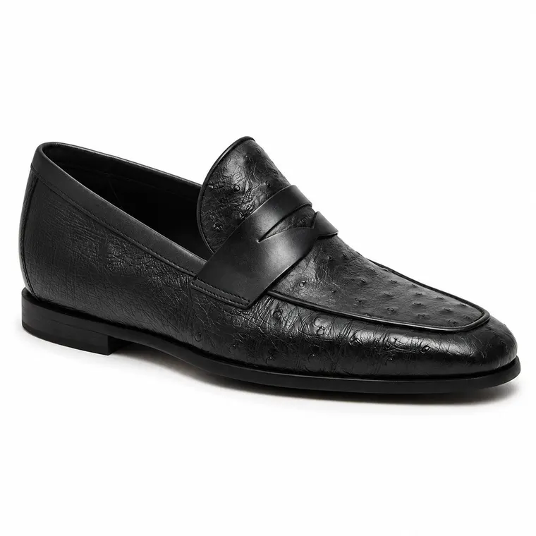 Shoes Height Increase Men | Black Ostrich Leather Penny Loafers 5 CM / 1.95 Inches