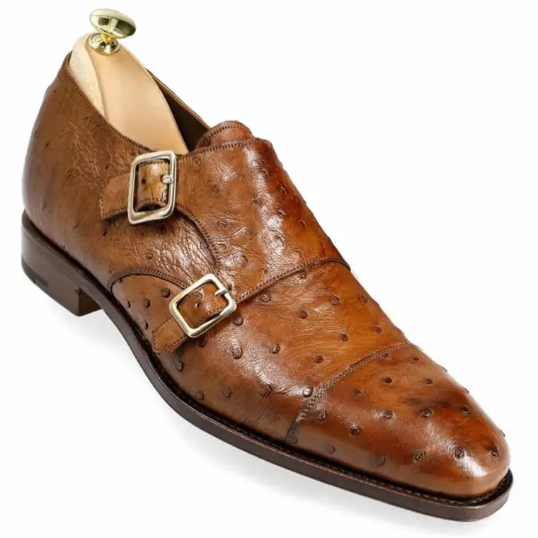 Men's Shoes Height Increase | Brown Ostrich Leather Monk Strap Shoes 7 CM / 2.76 Inches