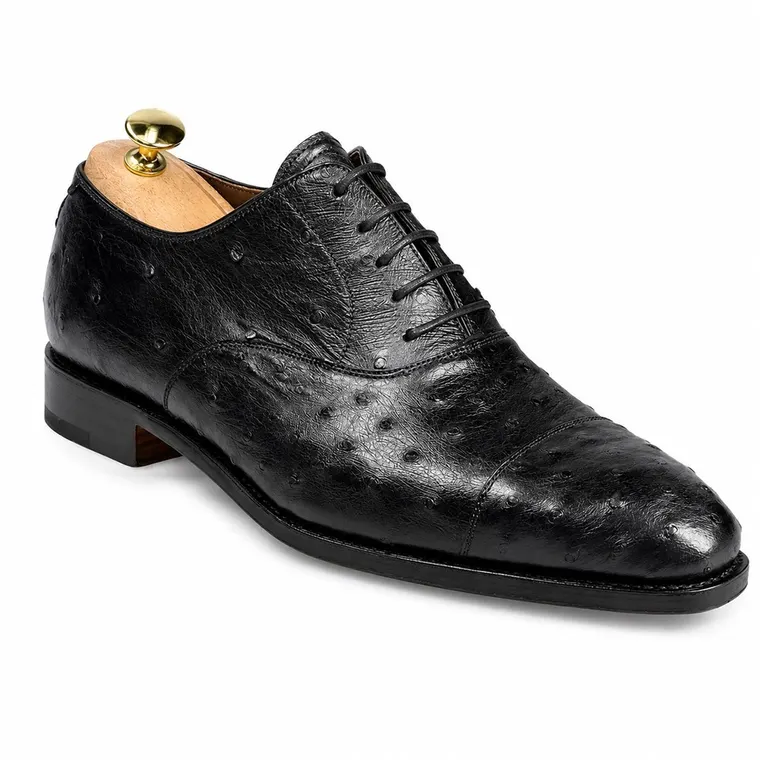 Shoes For Men Height | Black Ostrich Leather Oxford Shoes 7 CM / 2.76 Inches