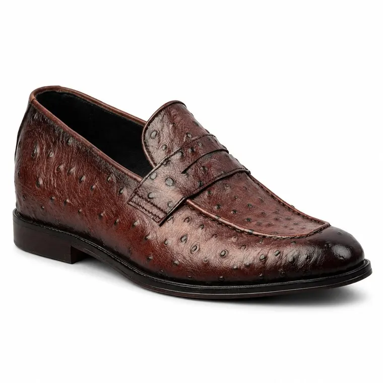Shoes For Height Increase Men | Brown Ostrich Leather Penny Loafers 5 CM / 1.95 Inches