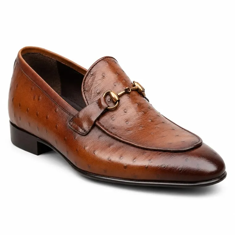 Mens Shoes With Height | Brown Ostrich Leather Loafers 5 CM / 1.95 Inches
