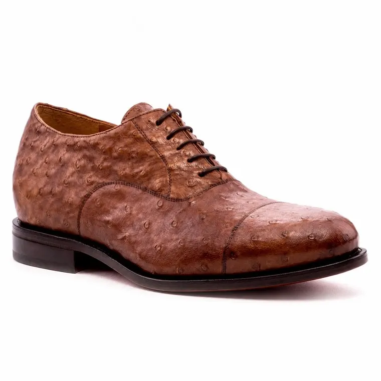 Men's Shoes Height Increase | Brown Ostrich Leather Oxford Shoes 7 CM / 2.76 Inches