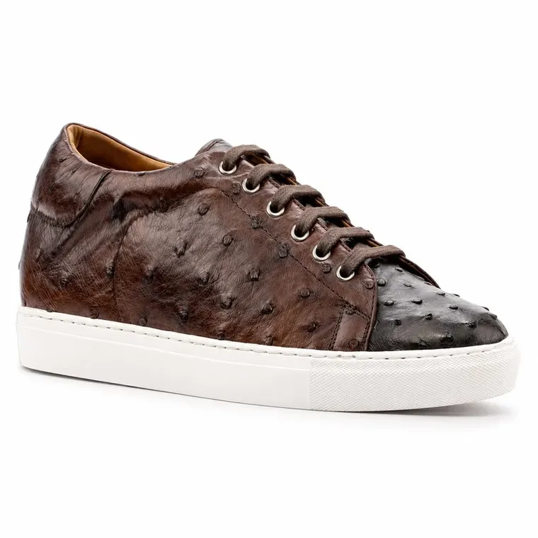 Elevator Sneakers For Men | Dark Brown Ostrich Leather Sneakers Shoes 7 CM / 2.76 Inches