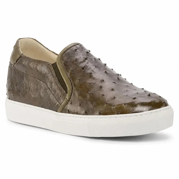 Tall Men Shoes | Olive Ostrich Leather Slip On Casual Shoes 6 CM / 2.36 Inches