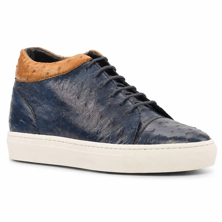 Lift Sneakers For Men | Navy Ostrich Leather High Top Casual Shoes 7 CM / 2.76 Inches