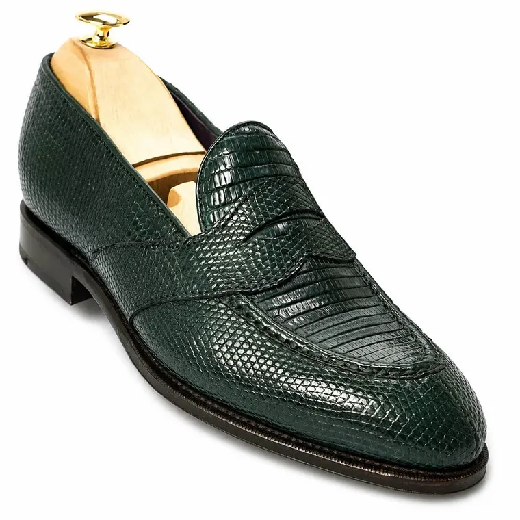 Mens Raised Shoes | Green Lizard Penny Loafers 5 CM / 1.95 Inches