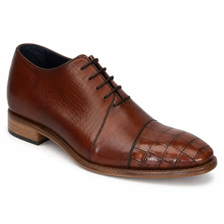 Elevator Shoes For Men | Cognac Lizard Oxford Shoes 7 CM / 2.76 Inches