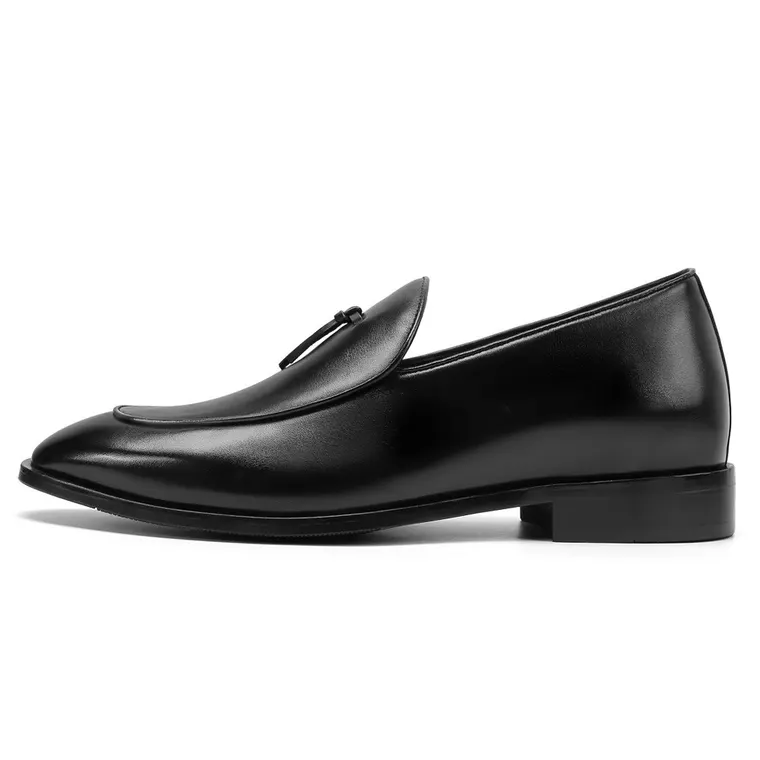 High Heel Men Dress Shoes - Black Calfskin Leather Slip On Loafer Shoes 2.36 Inches / 6CM