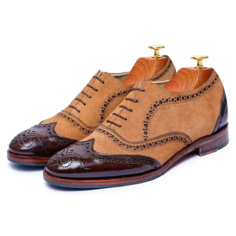 high increase shoes - elevator heel shoes - tan suede and dark brown custom made wingtip brogue oxfords 7 CM / 2.76 Inches