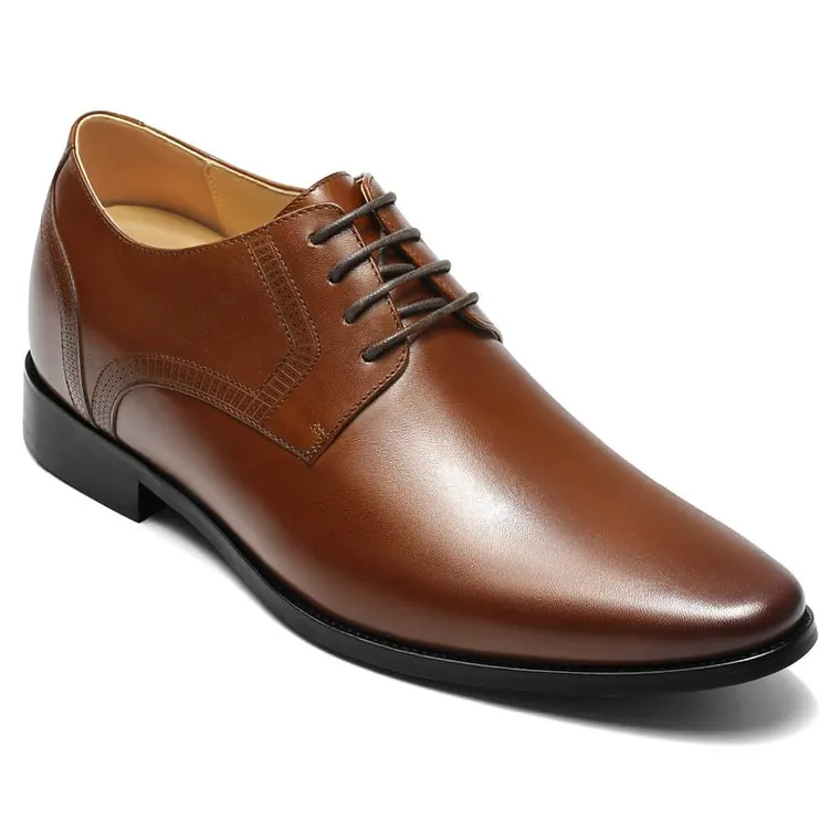 Brown Cowhide Leather Mens Elevator Dress Shoes - Classic Men's Derby Shoes 3.15 Inches / 8 CM