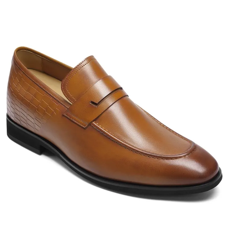 Men's Elevator Loafers - Brown Leather Slip-On Dress Shoes 7CM / 2.76 Inches