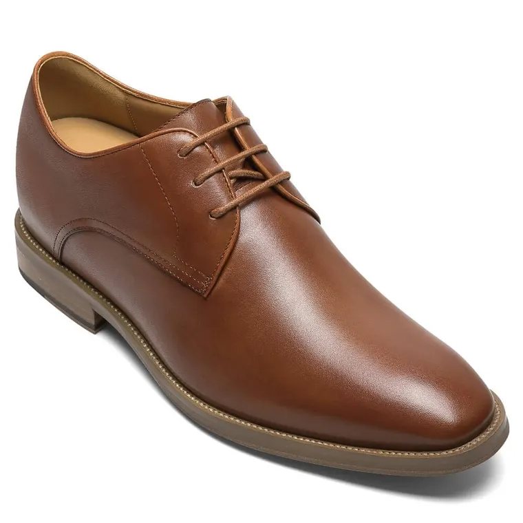 Men's Elevator Dress Shoes - Brown Leather Raised Heel Derby Shoes 7CM / 2.76 Inches