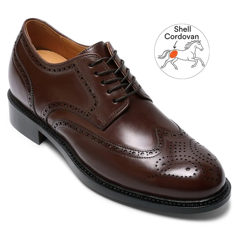 formal height increasing shoes - Burgundy shell cordovan full brogue derby shoes for men 7CM / 2.76 Inches