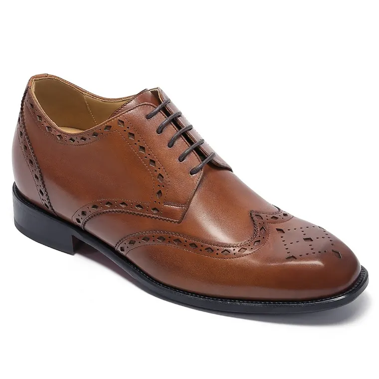 Men's Height Increasing Formal Shoes | Tan Stylish Wingtip Brogues Derby 7CM / 2.76 Inches