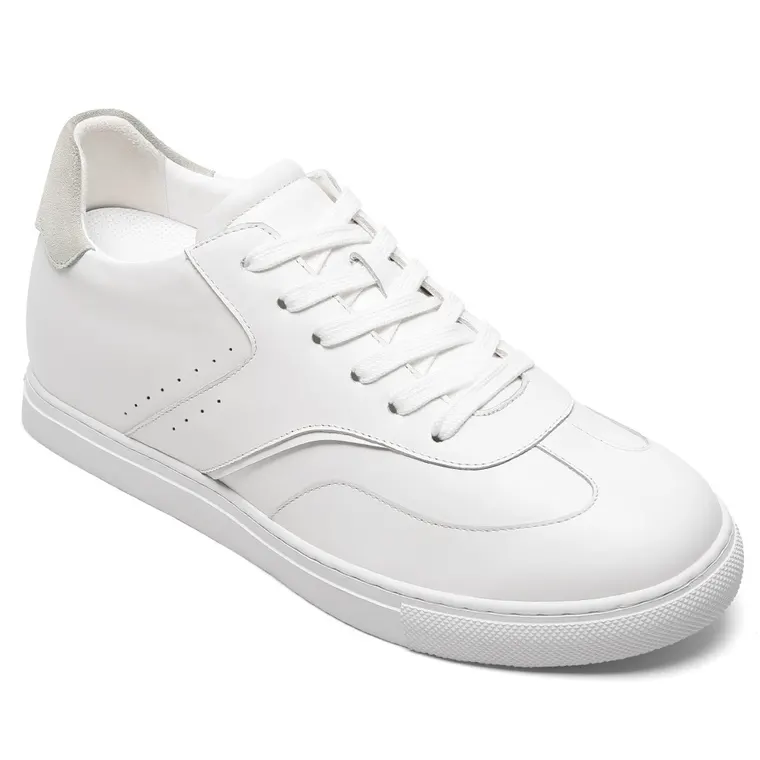 Men's Raised Heel Shoes - White Leather Casual Elevator Shoes 7CM / 2.76 Inches