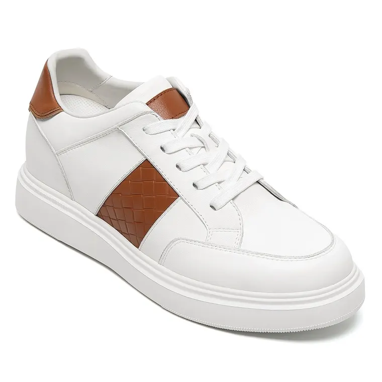 Men's Invisible Height Increase Shoes | White Soft Leather Casual Sneakers 8CM / 3.15 Inches