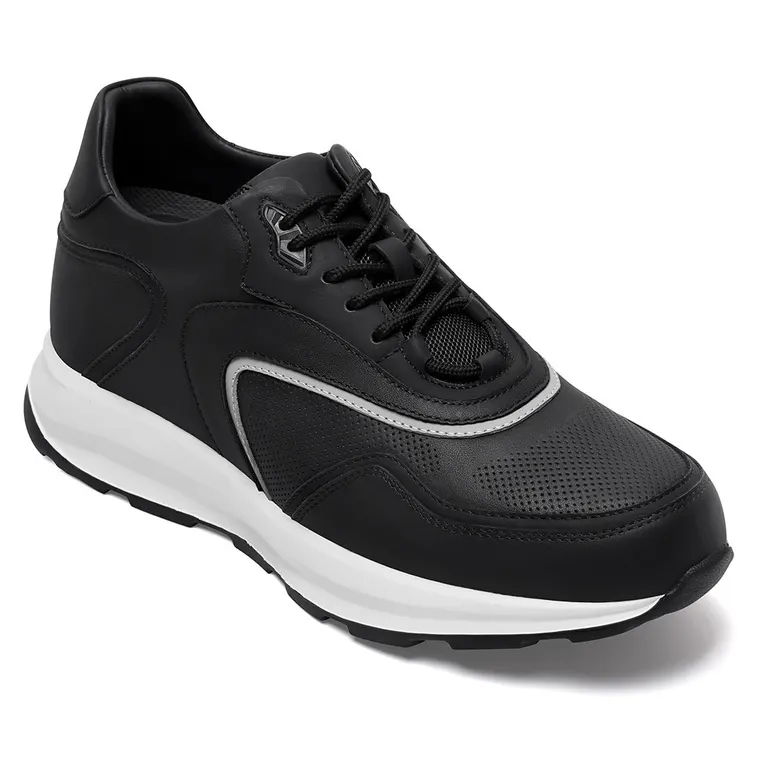 Men's Elevator Sneakers | Black Leather Anti-slip Athletic Sneakers 9 CM / 3.54 Inches