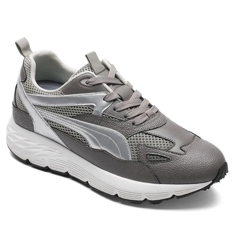 Elevator Shoes For Men - Gray Microfiber &amp; Mesh Sneakers 8CM / 3.15 Inches